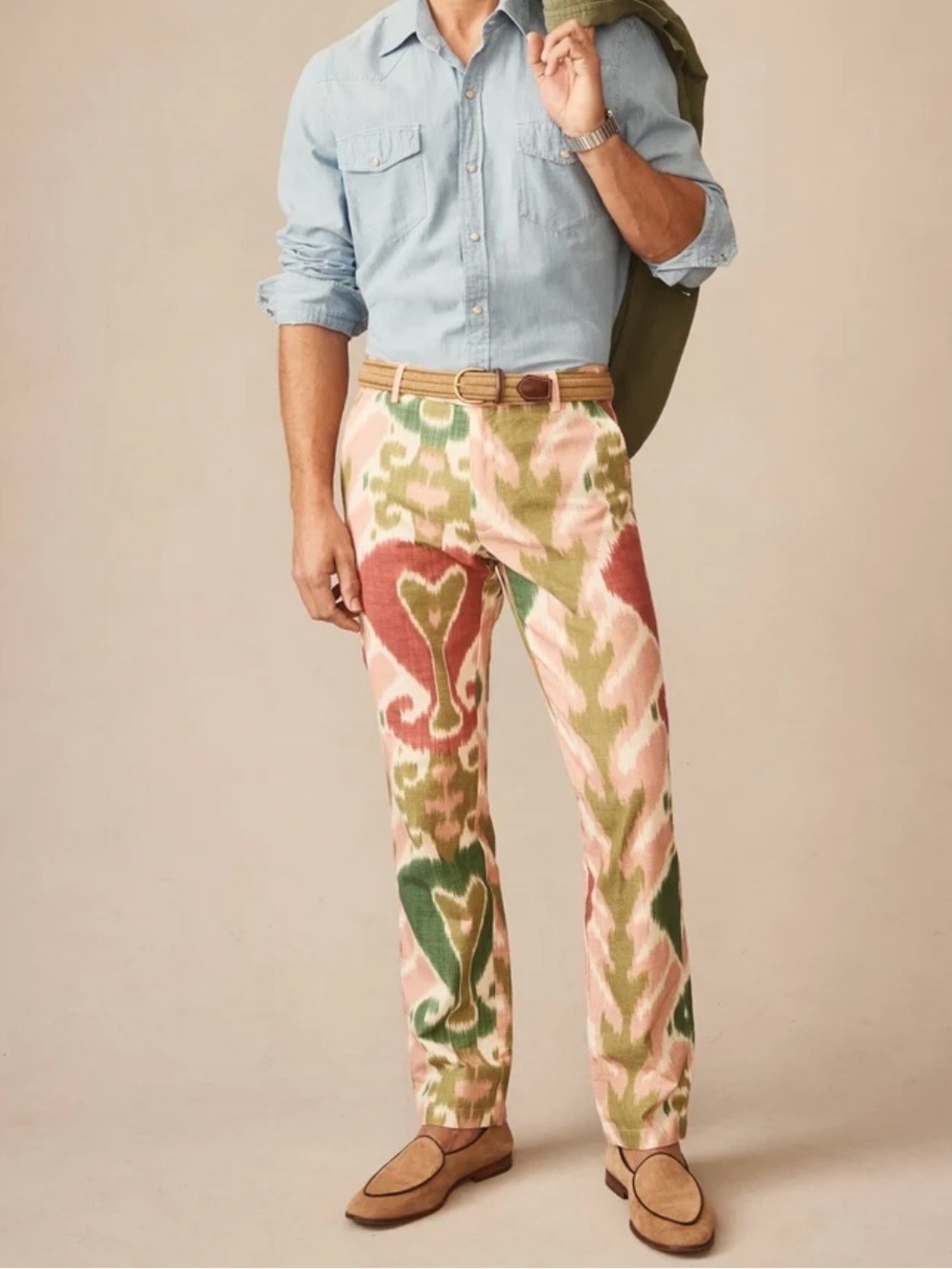 J. McLaughlin Mens 38 Madison Fancy PANTS Ikat Cotton Red Green Showstoppers